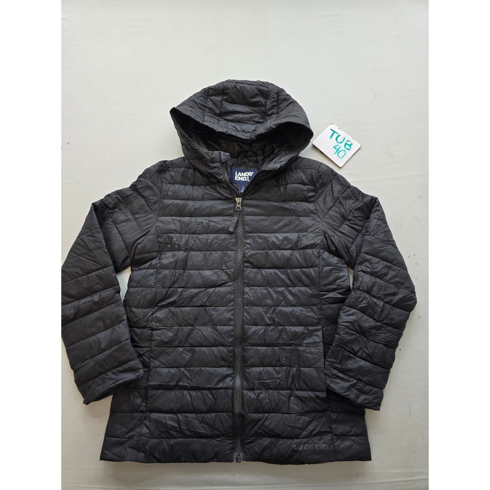 Lands End Kids Black Quilted Puffer Jacket With Hood Size L 10-12 Full Zip